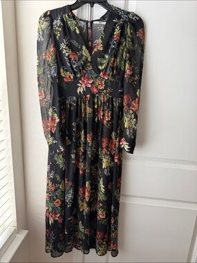 Mango Black Floral Long Sleeve V-Neck Midi Dress